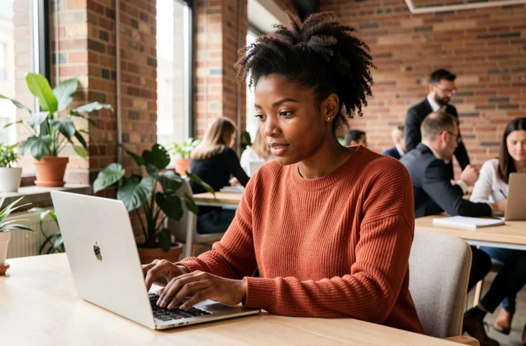 Jeune femme noire française utilisant une plateforme numérique innovante sur son ordinateur dans un espace de co-working moderne