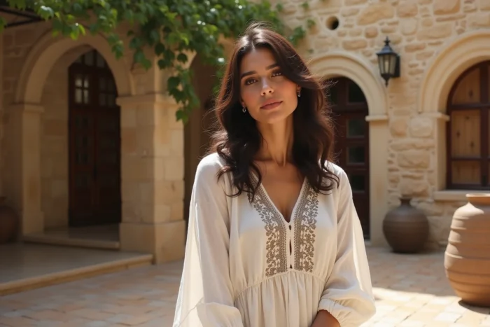 Femme aux origines libanaises en blouse brodée dans une cour traditionnelle en pierre de Beyrouth