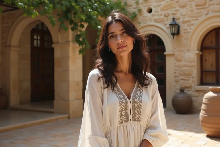 Femme aux origines libanaises en blouse brodée dans une cour traditionnelle en pierre de Beyrouth