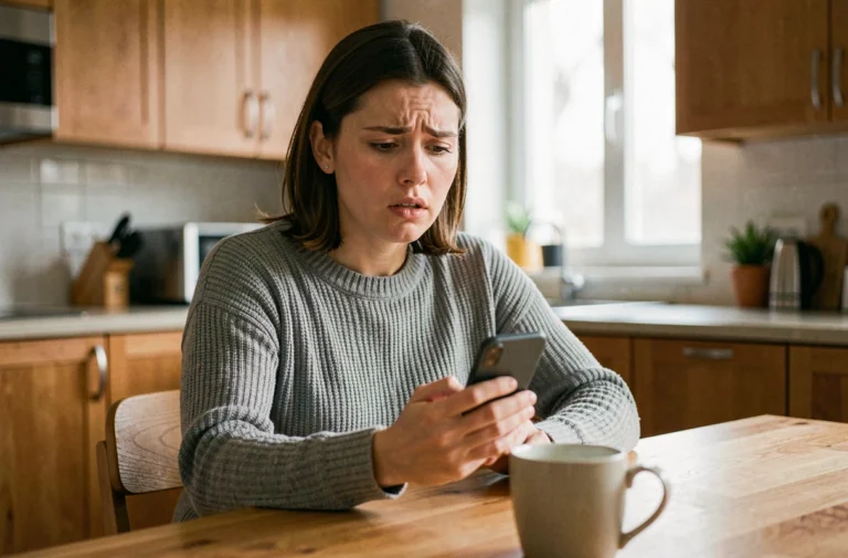 Femme perplexe regardant son téléphone avec une expression intriguée, découvrant des paramètres de confidentialité Facebook