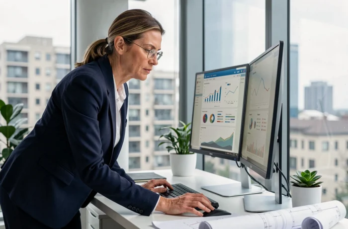 Femme professionnelle analysant des outils d'investissement immobilier en ligne sur des écrans d'ordinateur dans un bureau moderne avec vue sur la ville
