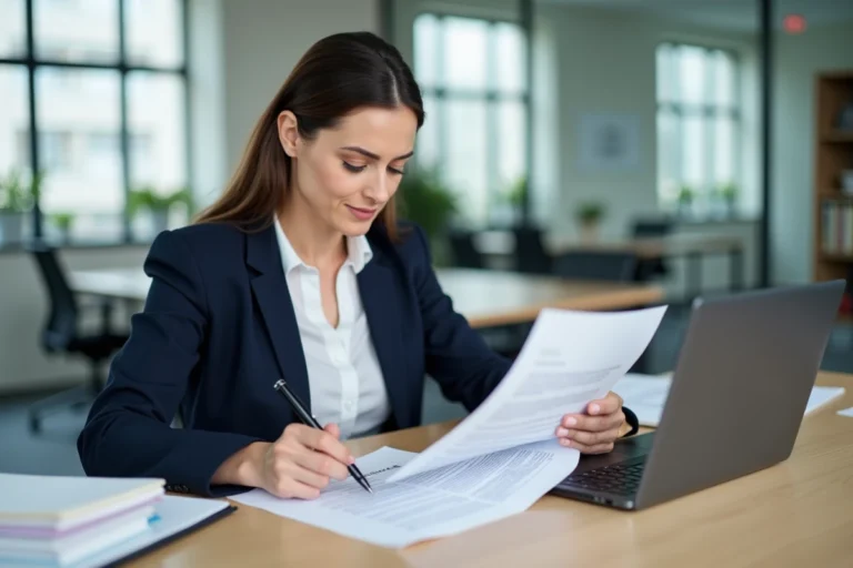 Femme professionnelle en blazer marine révisant un contrat de travail CDI imprimé à son bureau de bureau moderne