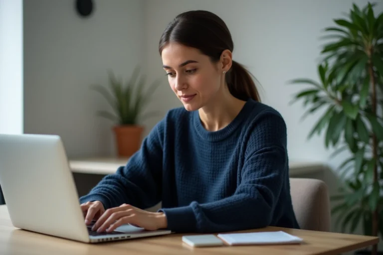 Femme consultant des annuaires en ligne sur son ordinateur portable dans un bureau à domicile moderne