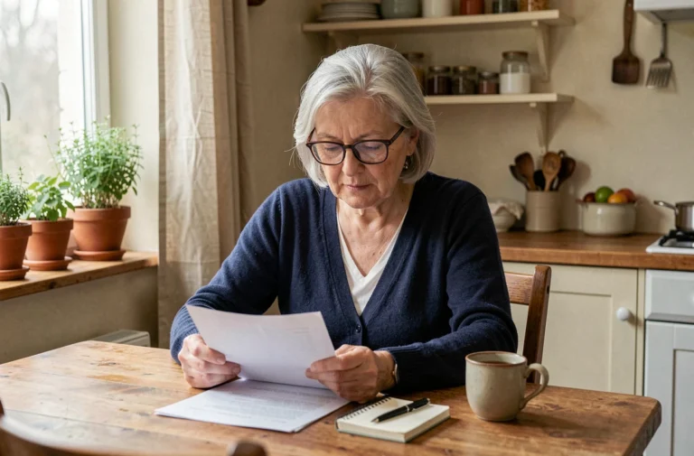 Femme retraitée consultant ses documents de prévoyance IRCEM à la maison