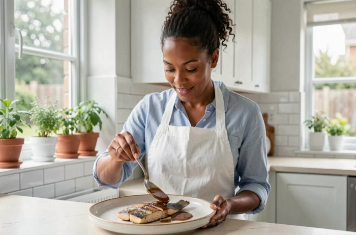 Femme antillaise versant de la sauce chien sur un poisson grillé dans une cuisine moderne, alimentation saine et savoureuse