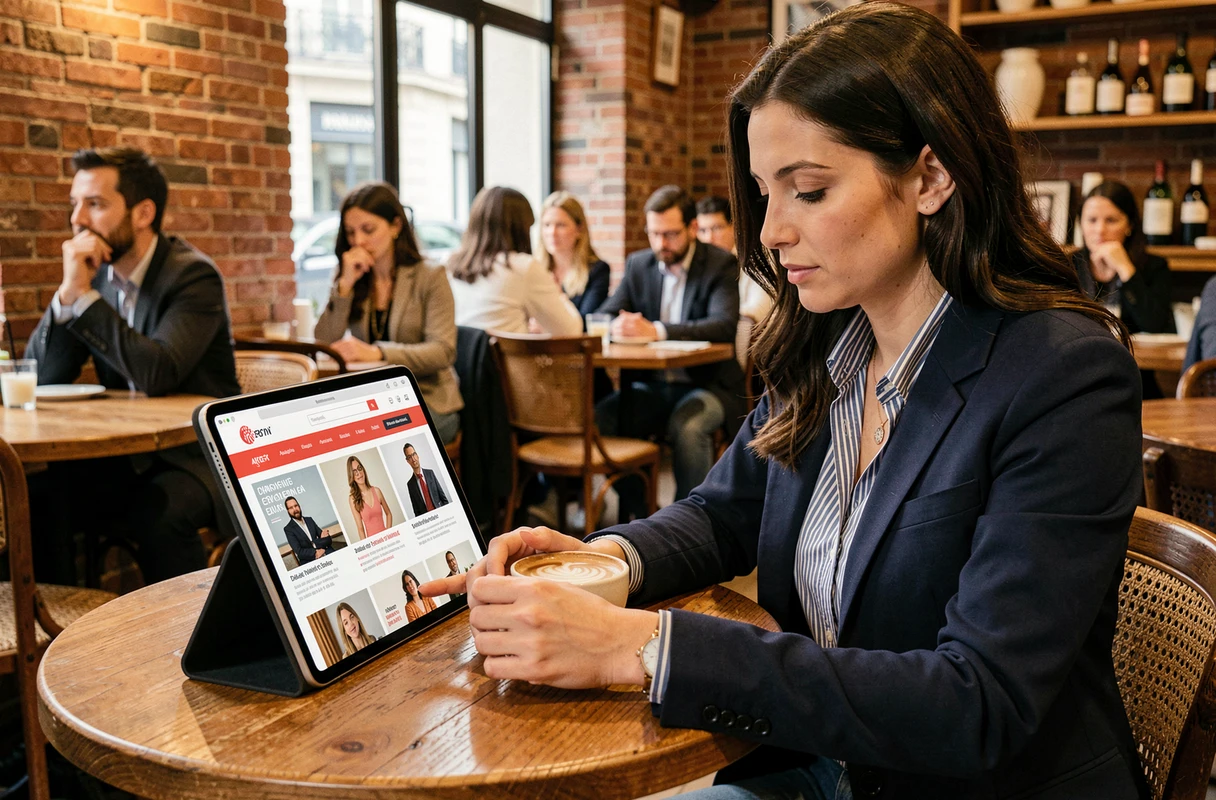 Femme consultant le site missmarion.fr sur une tablette dans un café parisien tendance