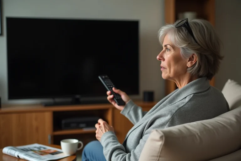 Femme frustrée tenant une télécommande devant un écran de télévision noir en panne dans un salon moderne