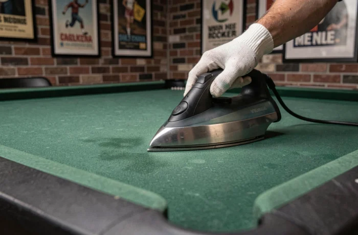 Gros plan sur le fer chauffant appliqué sur le tapis vert d'un billard pour améliorer la glisse des billes