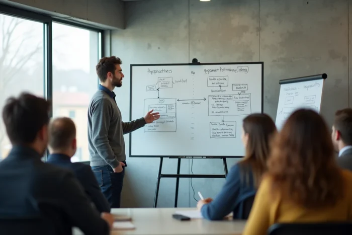 Formateur en insertion professionnelle animant un atelier de groupe sur les étapes de reconversion et de recherche d'emploi