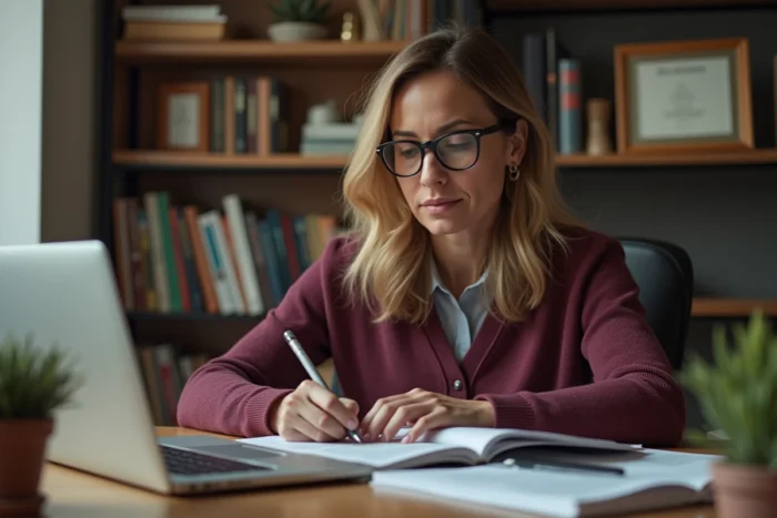 Femme se formant pour devenir conseillère en emploi en étudiant des ressources professionnelles à son bureau à domicile