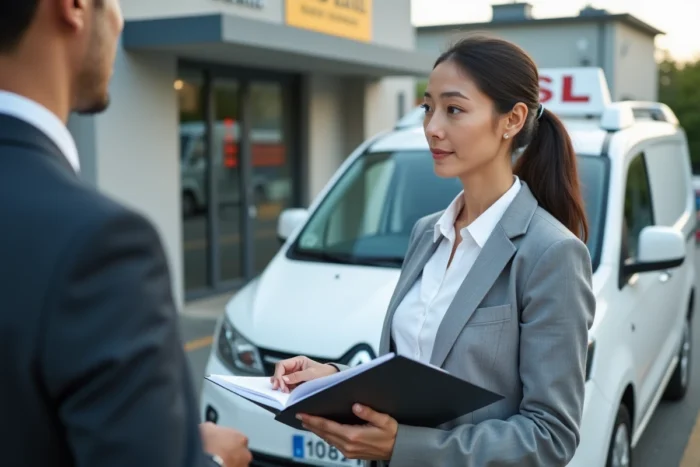 Candidate à la formation VSL devant une auto-école tenant son livret de certification professionnelle