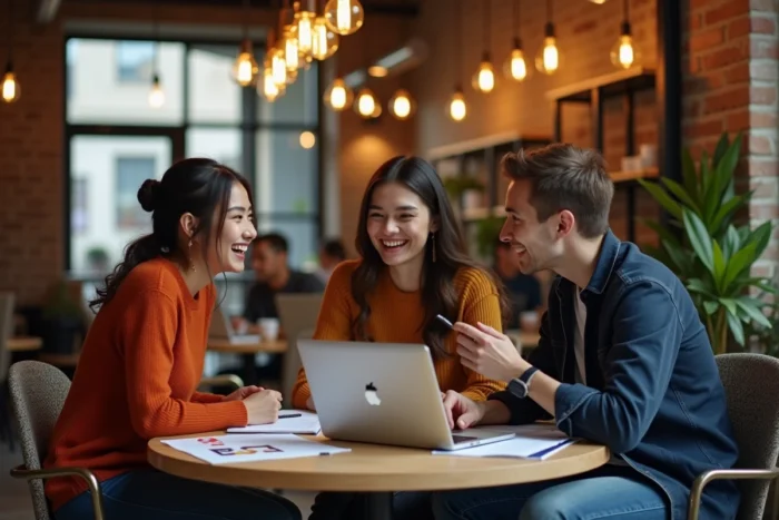 Groupe d'étudiants en prépa discutant de stratégie pour optimiser leurs coefficients au concours BCE dans un café