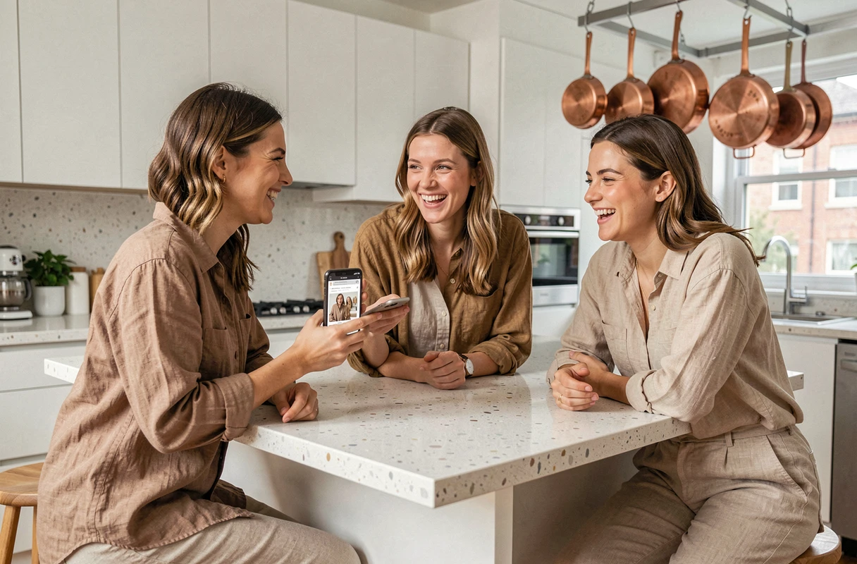 Groupe de femmes découvrant ensemble les rubriques du site missmarion.fr sur smartphone dans une cuisine moderne
