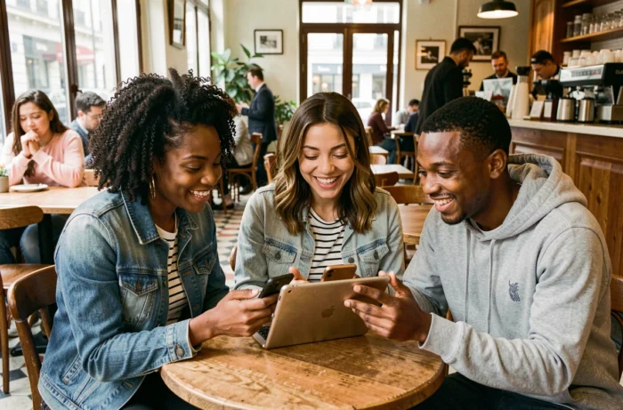 Groupe de jeunes adultes noirs français découvrant ensemble une plateforme innovante dans un café parisien