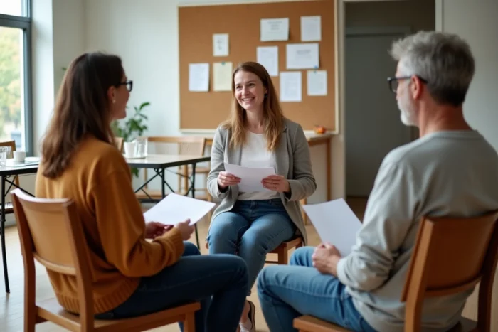 Groupe de parents participant à un atelier de soutien parental dans une salle communautaire