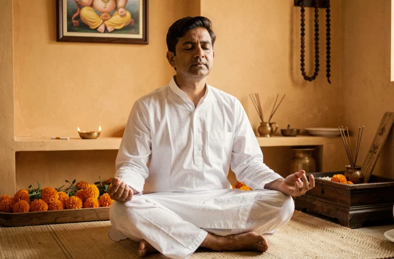 Homme indien en méditation hindoue dans une salle de prière, avec une cigarette brisée symbolisant l'abandon du tabac grâce à la spiritualité