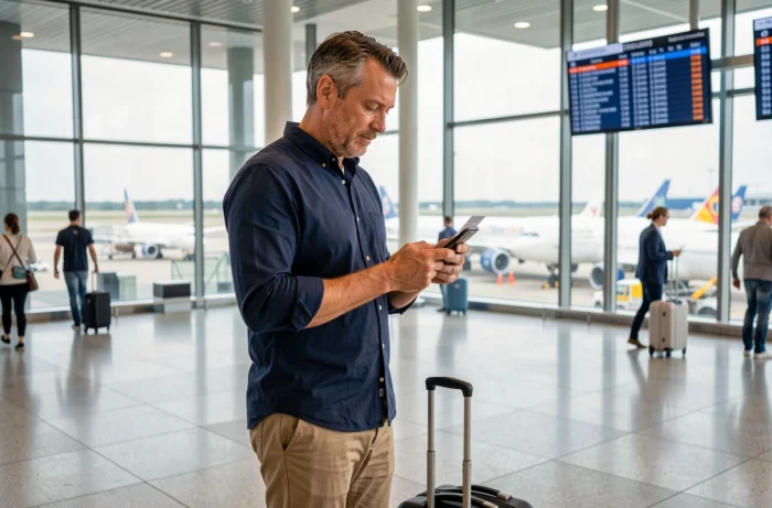 Homme consultant son billet d'avion flexible sur smartphone dans un terminal d'aéroport avant un vol long-courrier