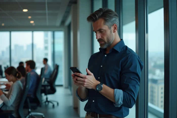Homme d'affaires consultant les options d'appels manqués sur son téléphone au bureau