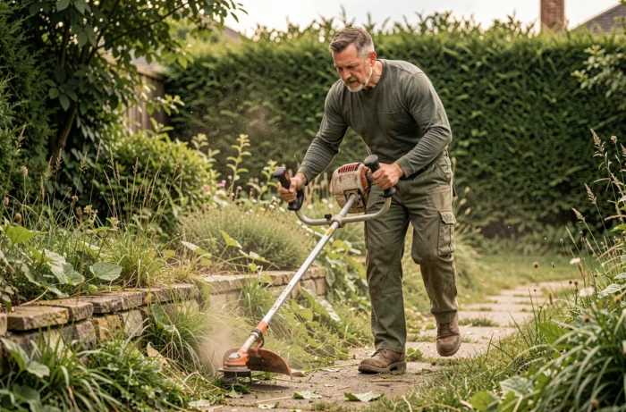 Homme utilisant une débroussailleuse à essence pour entretenir les bords d'un chemin de jardin envahi par les mauvaises herbes