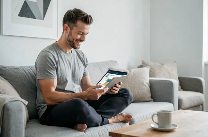 Homme suivant une formation en ligne sur une tablette depuis son salon confortable