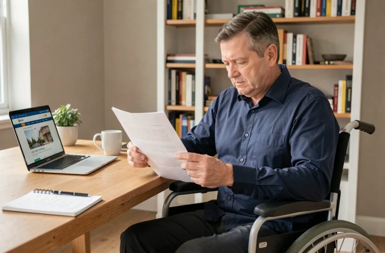Homme en situation d'invalidité consultant un dossier de demande de prêt immobilier à son bureau à domicile