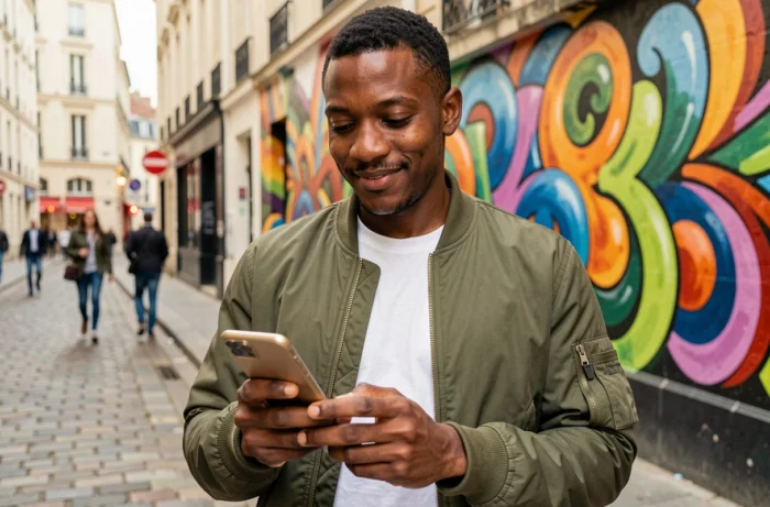 Homme noir français consultant une plateforme communautaire sur son smartphone dans une rue urbaine colorée