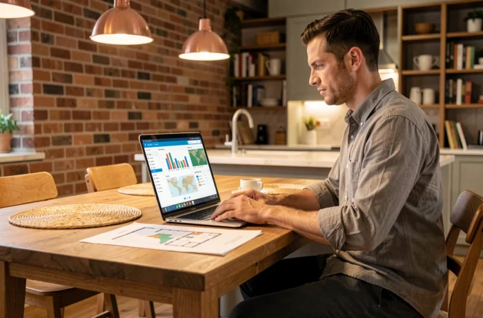 Homme utilisant un outil en ligne de comparaison immobilière sur laptop à une table en bois dans un intérieur contemporain