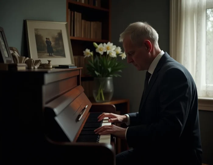 Homme d'âge mûr jouant un chant funèbre au piano dans un salon intimiste avec des lys blancs