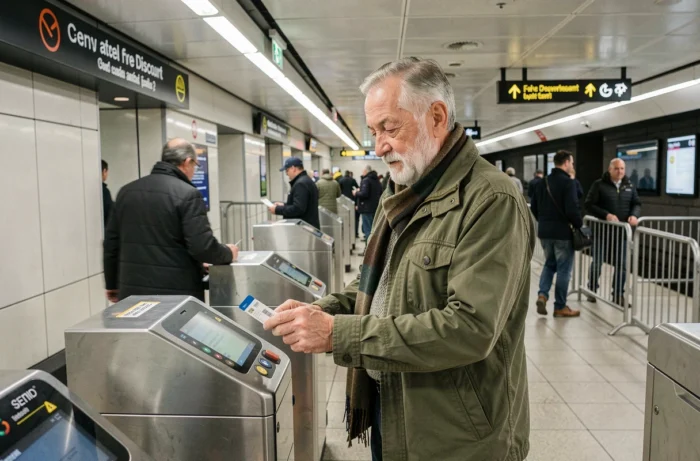 Homme senior utilisant une carte de réduction dans une station de métro moderne