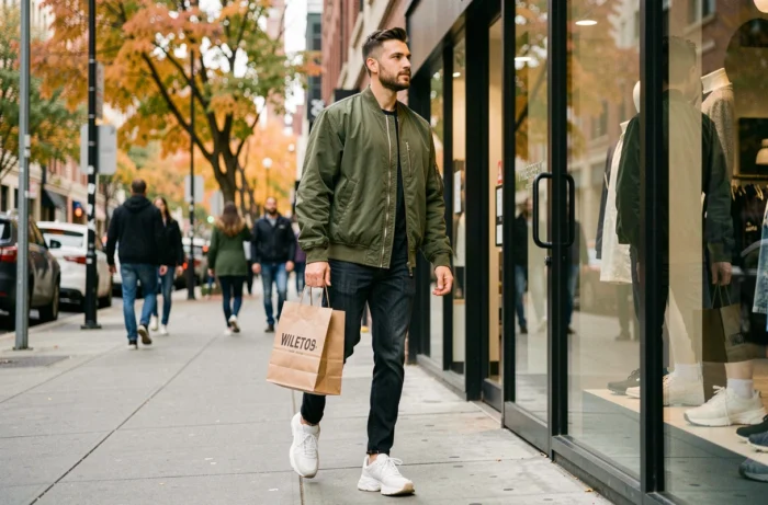 Jeune homme stylé en bomber jacket olive sortant d'une boutique streetwear dans un quartier urbain animé avec sac shopping