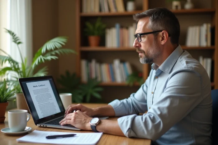 Homme en télétravail rédigeant un modèle de contrat de travail CDI sur son ordinateur portable à domicile