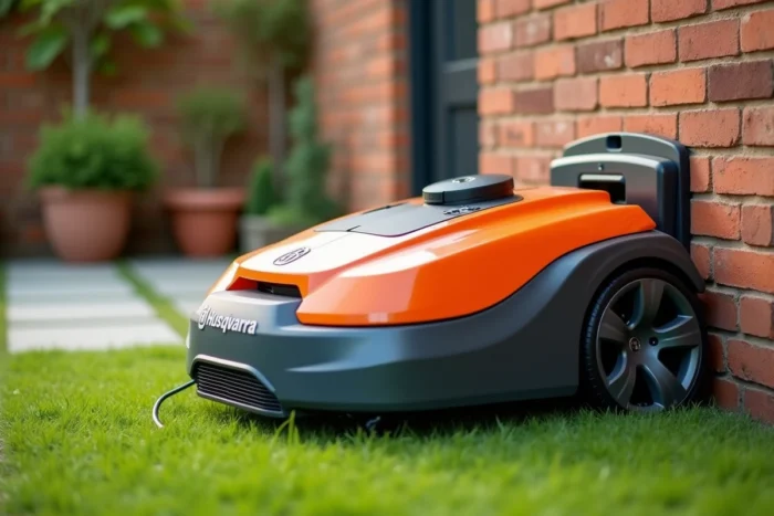 Robot tondeuse Husqvarna 310 sur sa station de charge dans un jardin avec mur en briques