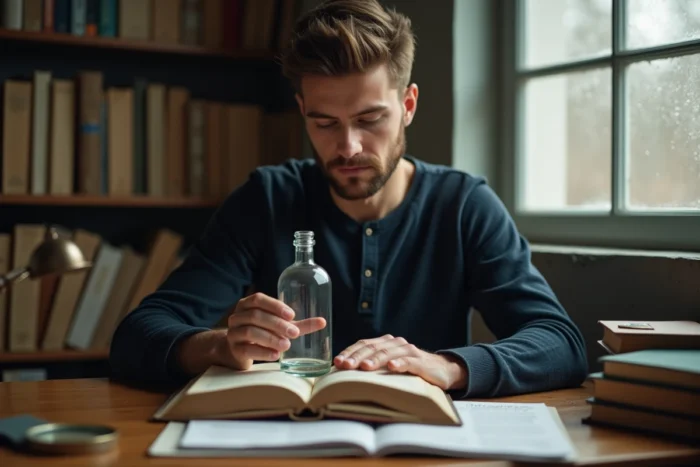 Jeune homme identifiant une bouteille en verre ancienne à l'aide d'un guide de référence sur la verrerie ancienne