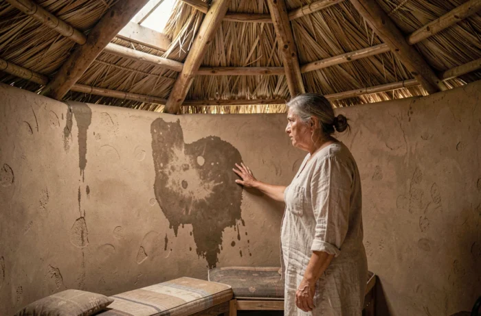 Intérieur d'une kerterre avec murs en terre montrant des traces d'humidité, femme inspectant les défauts de construction dans un espace de vie arrondi et exigu