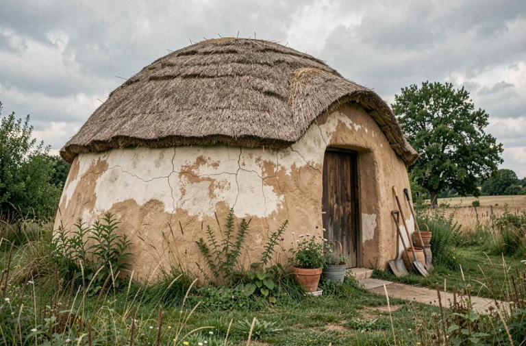 Maison kerterre en dôme construite en matériaux naturels dans la campagne française, montrant des traces d'usure et d'humidité sur les murs en terre et chaux