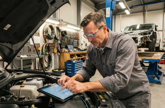 Ingénieur automobile analysant les données d'un véhicule électrique dans un atelier de recherche