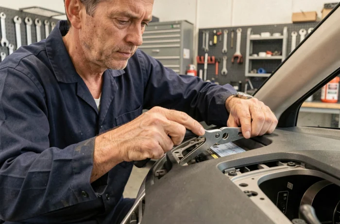Technicien automobile installant un GPS intégré dans le tableau de bord d'une voiture en atelier
