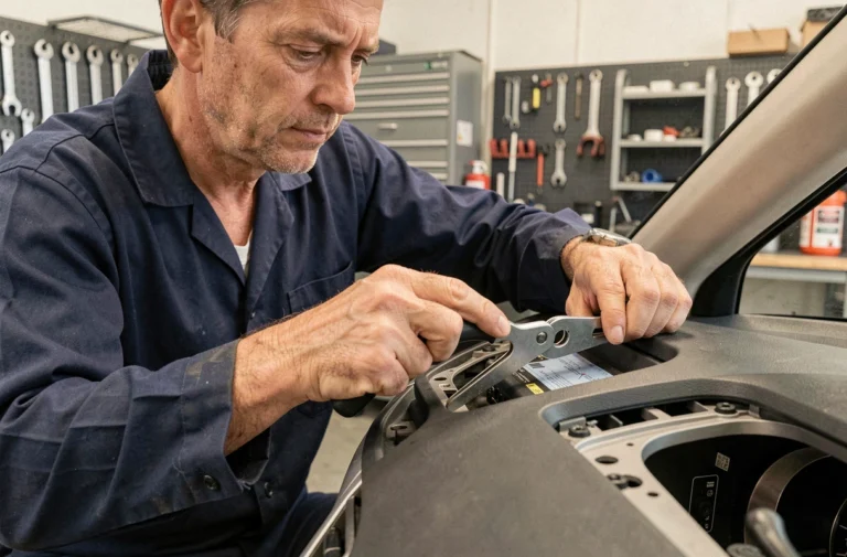 Technicien automobile installant un GPS intégré dans le tableau de bord d'une voiture en atelier