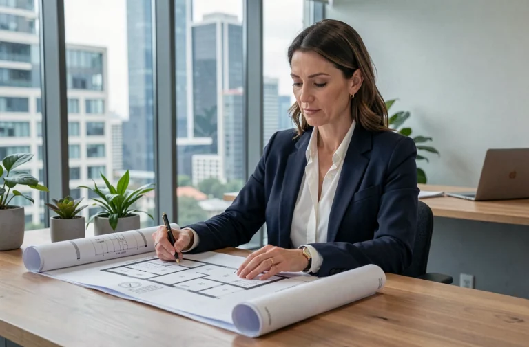 Femme professionnelle analysant des plans immobiliers dans un bureau moderne pour un investissement en 2024