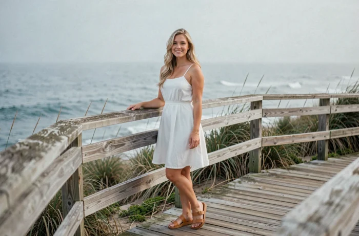 Jeune femme blonde sur un ponton côtier au bord de l'océan, symbolisant l'héritage familial et la relation mère-fille de Meadow Walker