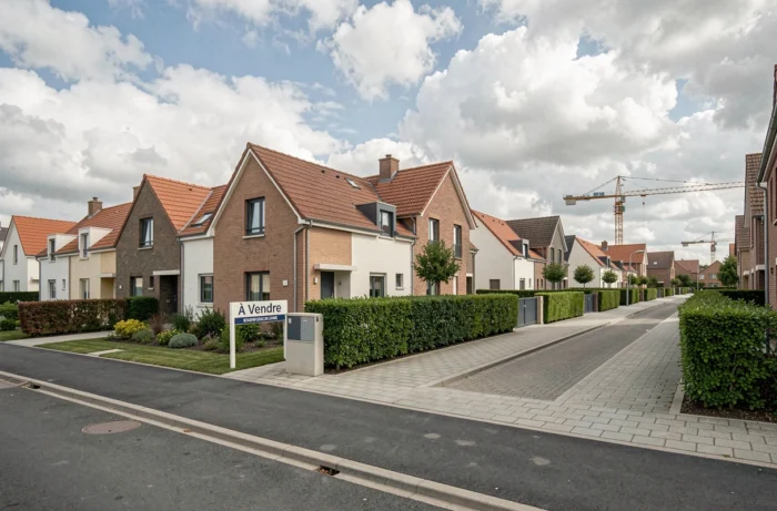Quartier résidentiel neuf en banlieue française avec panneaux à vendre et maisons modernes