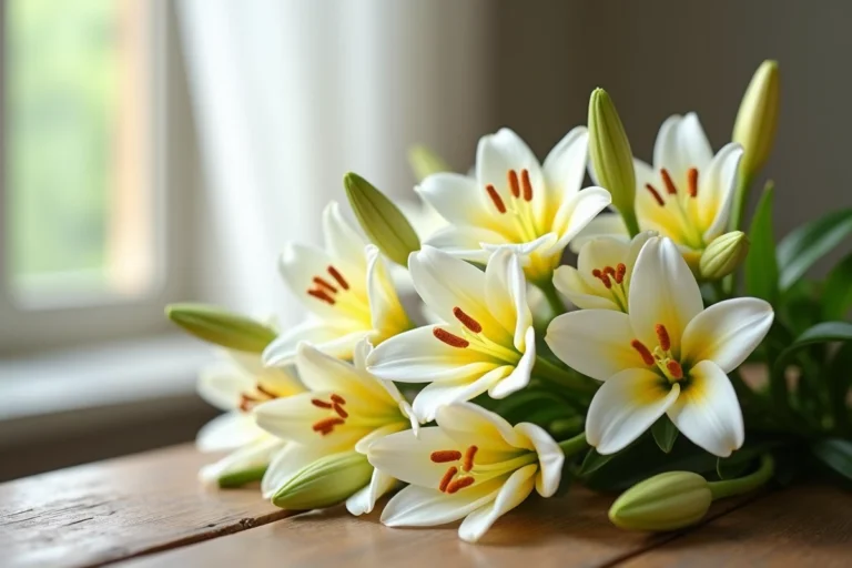 Gros plan de lys blancs avec étamines orangées sur une table en bois, rappelant les risques liés au pollen et au parfum du lys