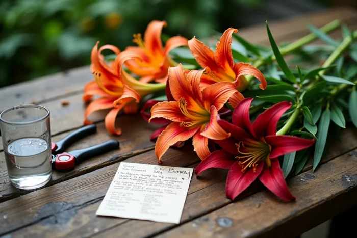 Table de fleuriste avec des tiges de lys coupés de différentes variétés, sécateur et note de mise en garde sur la toxicité du parfum