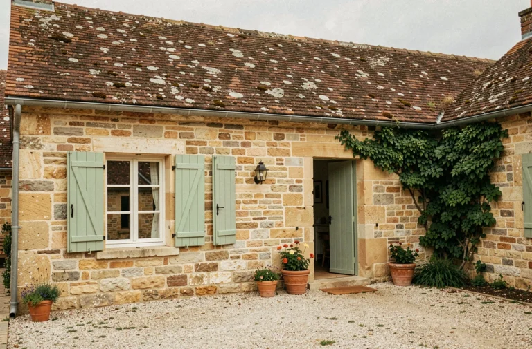 Maison traditionnelle bourguignonne en pierre dorée avec volets verts et cour en gravier, typique de la région de Bourgogne
