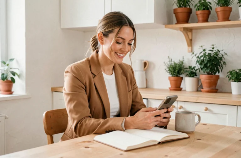 Maman moderne élégante assise dans une cuisine scandinave avec un carnet et un smartphone, incarnant le style et l'organisation du quotidien