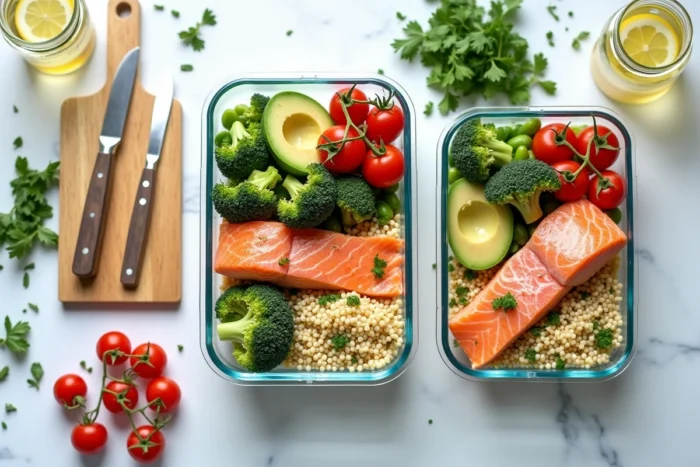 Préparation de repas équilibrés et colorés dans des boîtes repas sur un plan de travail en marbre