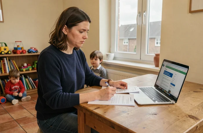Mère belge consultant le barème des allocations familiales sur ordinateur portable à la table de cuisine avec ses enfants en arrière-plan