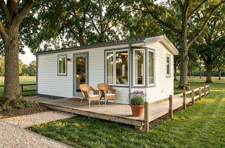 Mobil-home moderne sur parcelle privative dans un parc résidentiel de loisirs en Vendée entouré de verdure