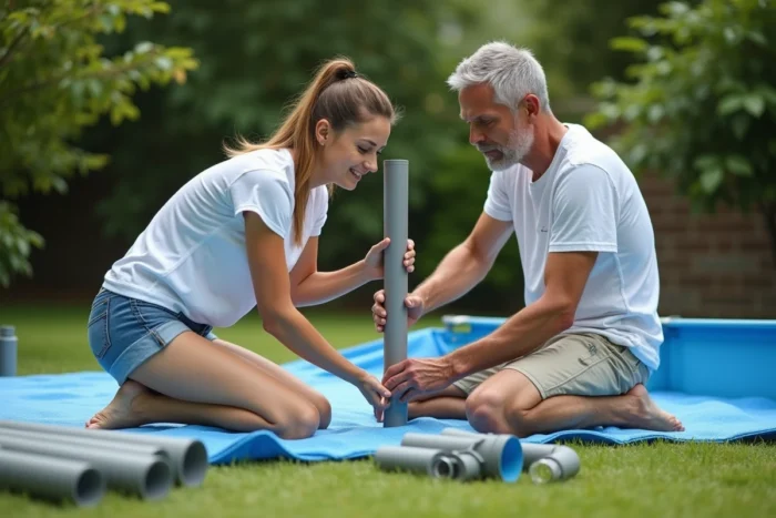 Couple en train d'assembler une piscine Intex Metal Frame dans le jardin avec les pièces et tubes métalliques posés sur l'herbe