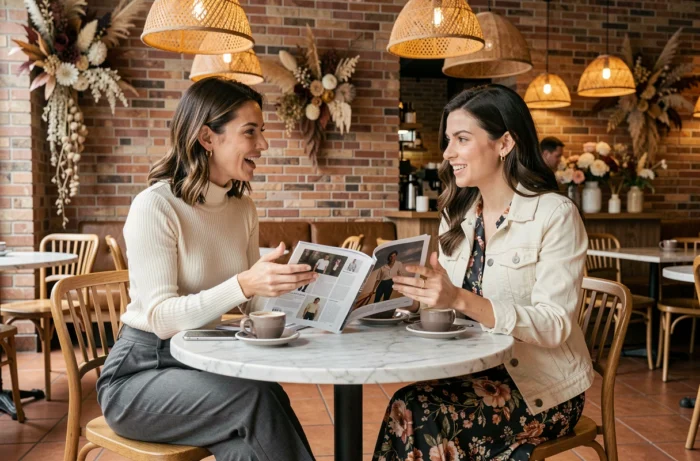 Deux femmes élégantes discutant des dernières tendances mode autour d'un magazine dans un café branché à l'ambiance chaleureuse